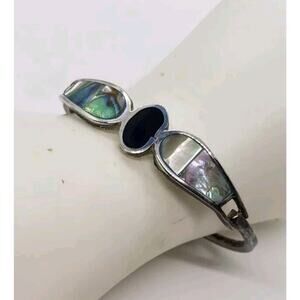 Vintage Bracelet Mexico 925 Sterling Silver Hinged Abalone Onyx Signed Butterfly